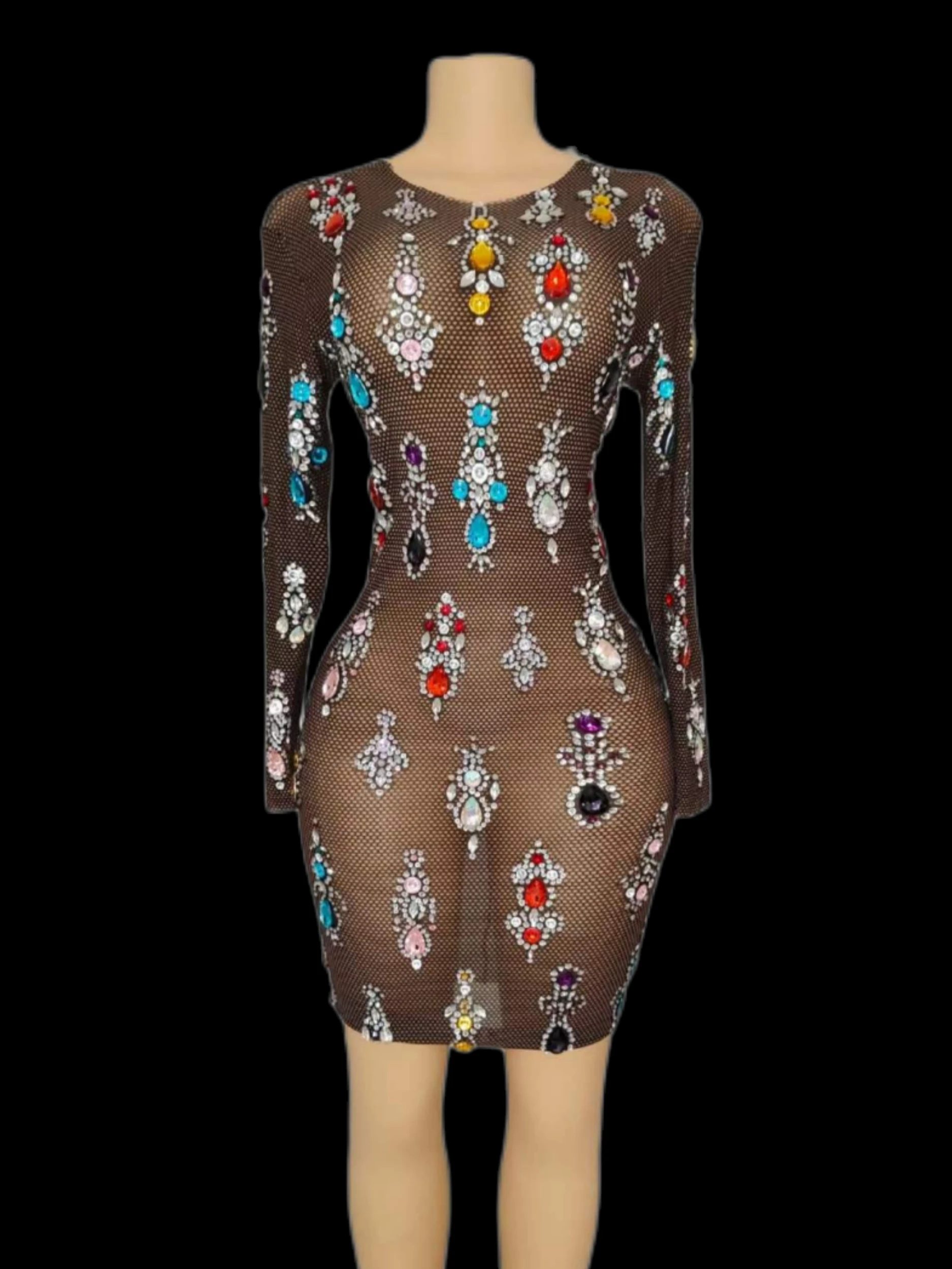 Women Sparkling Rhinestone Party Dress Sequin Tassel Stretch Dance Club Dj Singer Stage Wear Long Sleeve Birthday Outfit 2024