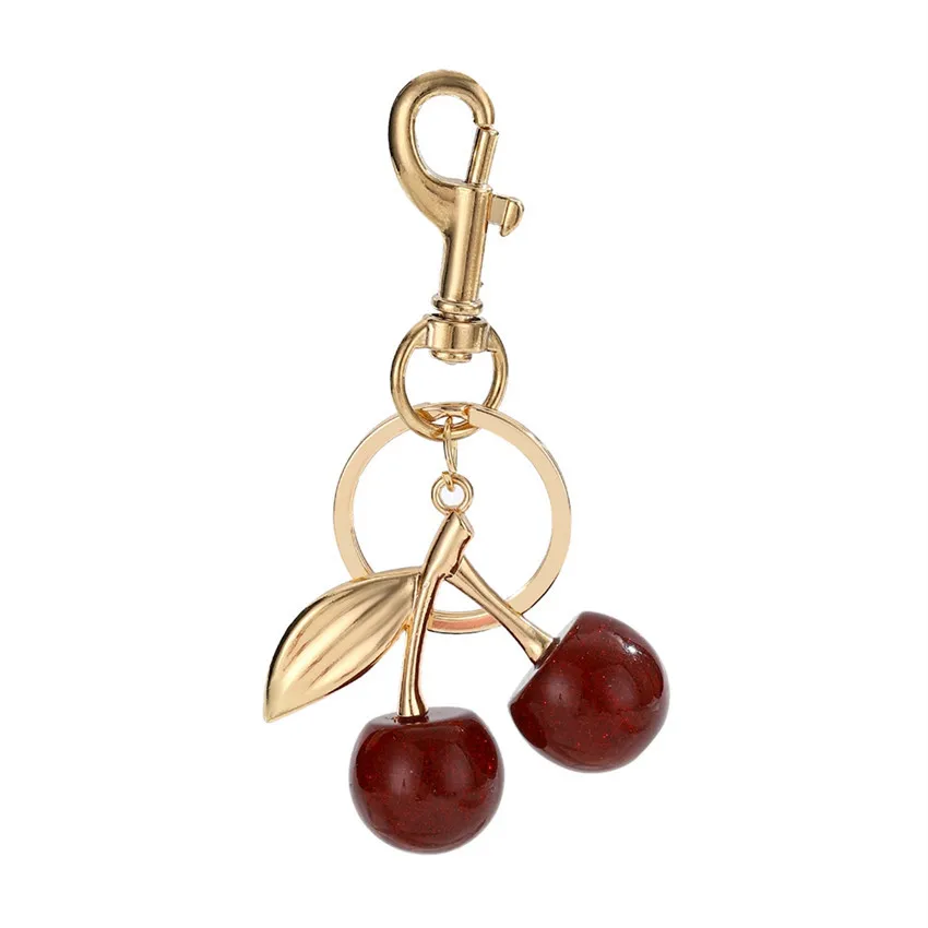 Retro Fashion Leopard Red Cherry Keychain Sparkling Pink Fruit Cherry Bag Pendant Car Keychain Gift Wholesale