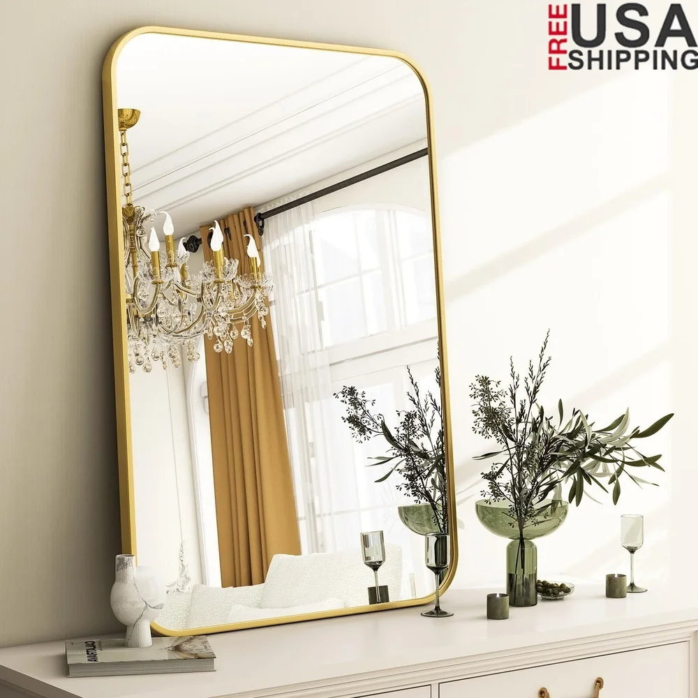 

Настенное зеркало для ванной комнаты с круглым краем, 36x24 дюйма, HD, взрывозащищенное стекло, рама из алюминиевого сплава, простая установка, небьющаяся