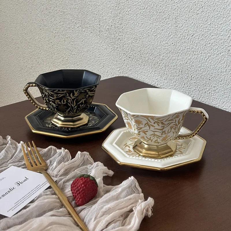 Octagonal Gilded Cup And Saucer Vintage Luxury Gold Rim Ceramic For Home Living Room Tabletop Ornament Gift Wholesale Tea Coffee