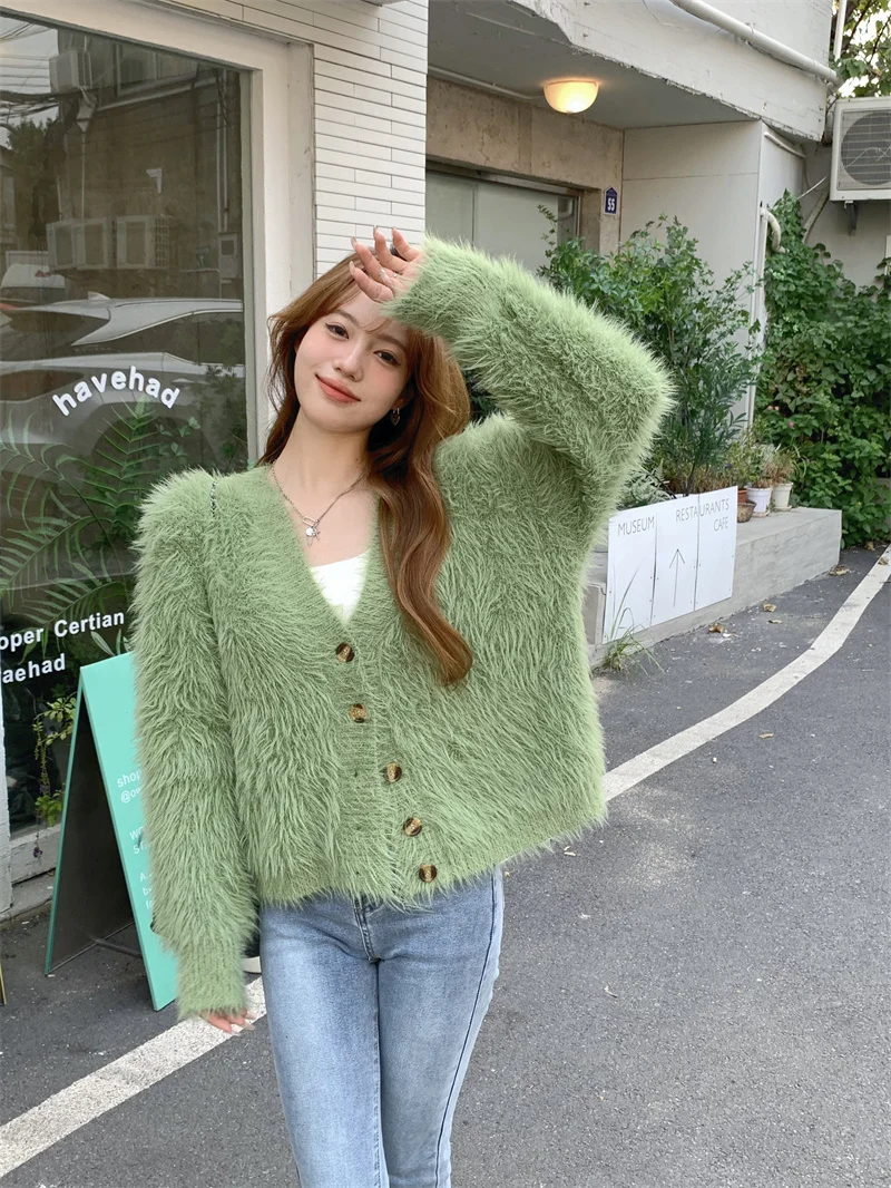 

Cardigan Women Autumn and Winter Korean New V Neck Long Sleeve Single-breasted Loose Thicken Green Plush Coat Sweater Top Female