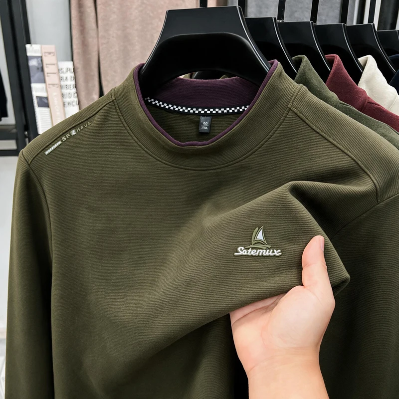 Brand fashion letter sailboat embossed sweatshirt men's high-end fake two-piece round neck casual autumn new comfort pullover