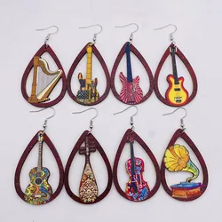 Vintage Musical Instruments Wood Earrings for Women Unique Design Guitar Phonograph Harp Charms Earrings Jewelry Wholesale