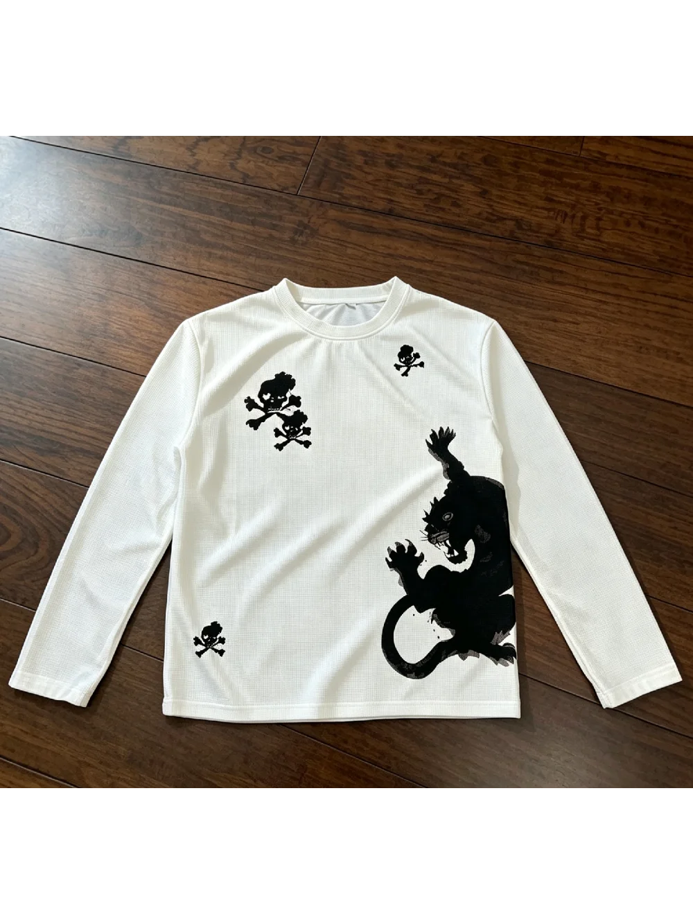 New Autumn Punk Subculture Black Panther Skull Printed Waffle Long Sleeve Top for Street Casual Versatile and Small Market Ins