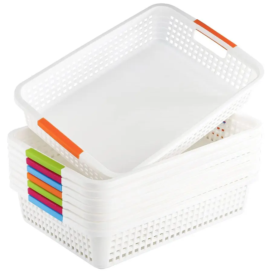 

8 Pack Large Plastic Storage Basket with Handle 15 x 10 x 3 Inch Pantry Organizer Basket Bins Desktop Paper Storage Basket for O