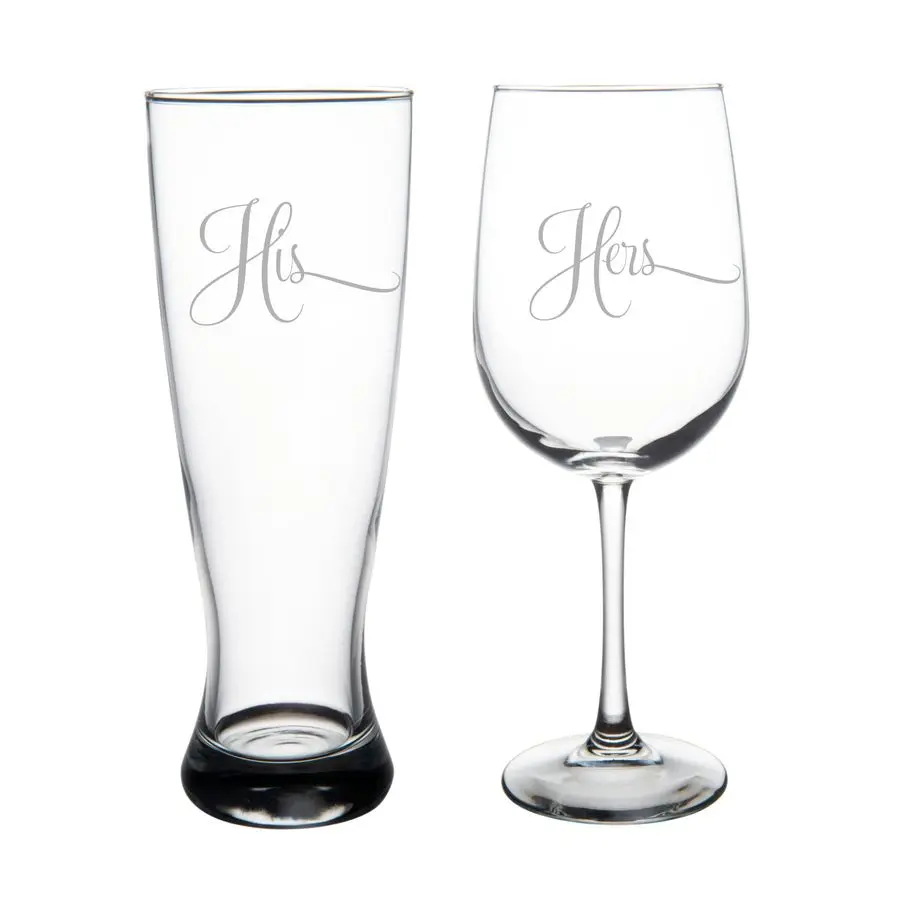 

His and Hers Wedding Couple Glass Set 2 Pieces 23 oz. Beer Pilsner and 19 oz. Wine Glass Couple Engagement Anniversary Bridal Gi