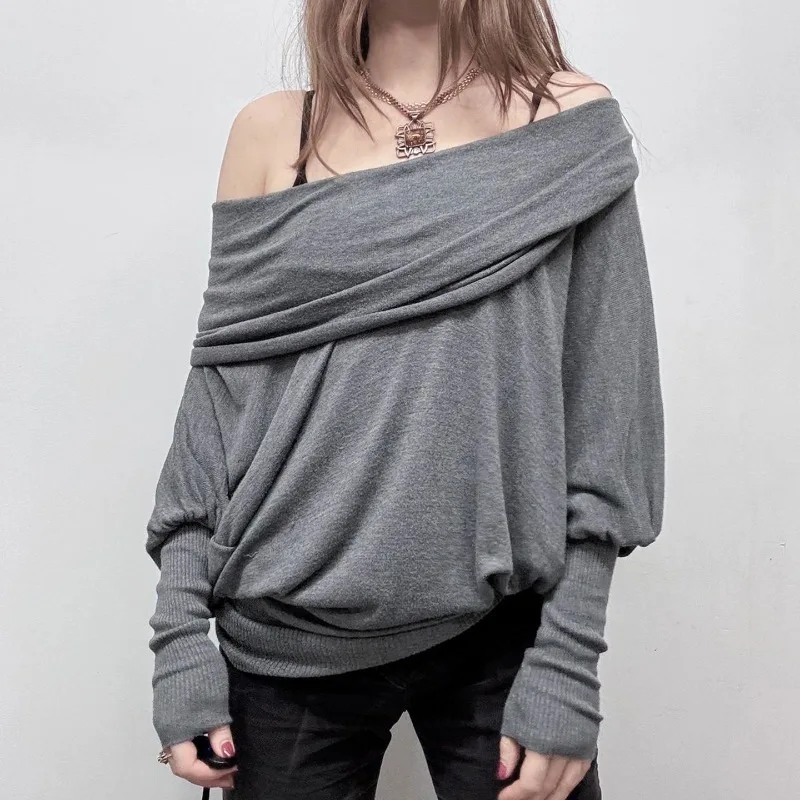 

Fashion Grey Slash Collar Tunic Waist T-shirts for Women Off Shoulder Lazy Bat Sleeve Tops Minimalist Retro Y2k Clothes