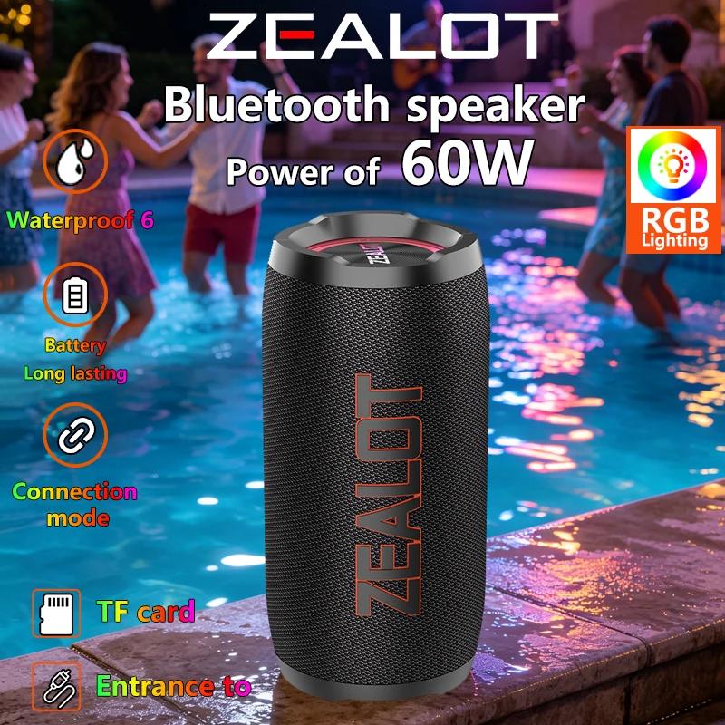ZEALOT S76 50W Kabellose Lautsprecher, HiFi-Klangqualität, RGB-Licht, 8000mAh Akku, 24 Stunden Spielzeit, lautes Stereo.