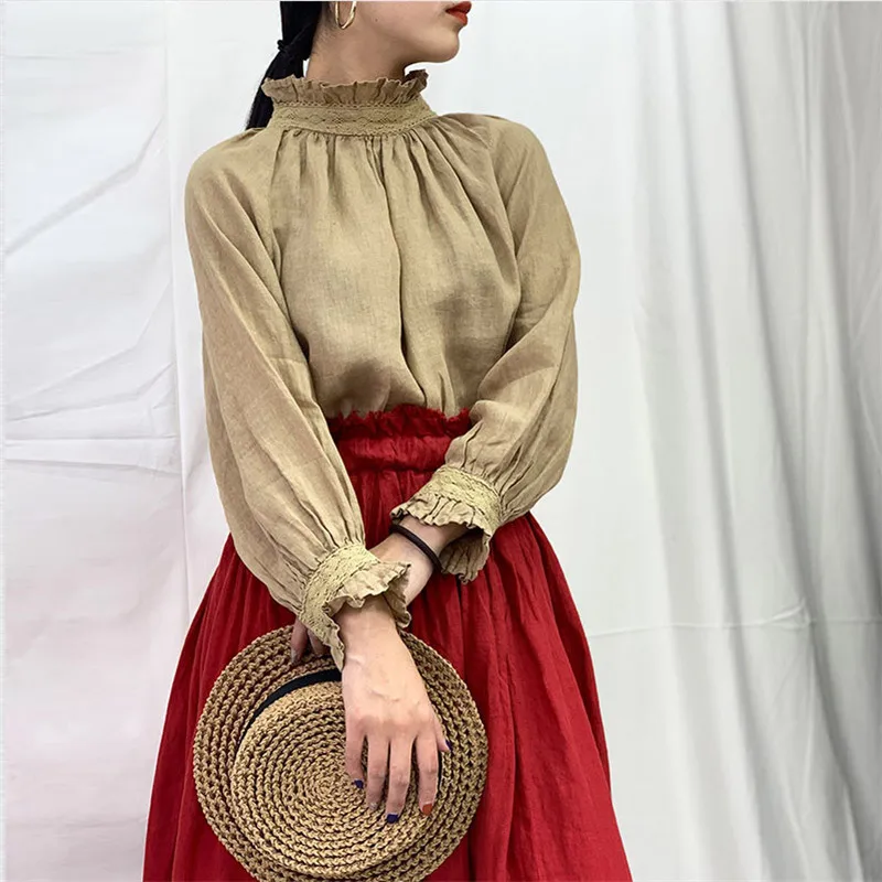 Johnature Autumn New Linen Loose Ruffles Collar Women Shirts 2024 Vintage Solid Color Full Sleeve Button Female Blouses