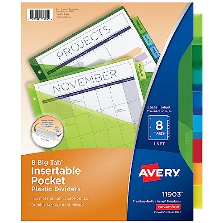 

Insertable Plastic Dividers for 3 Ring Binders, 8 Tabs per Set, Big Tabs, One Pocket, Multicolor Binder Dividers, Works with Sh