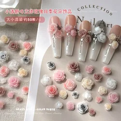 50PCS 3D Mix Sizes Beautiful Blossoming Rose Flowers Resin Adhesive Nail Art Rhinestones Decorations Manicure Kawaii Charms