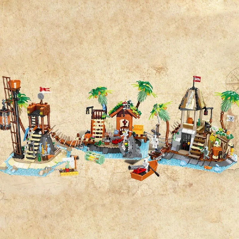 MOC-casa pirata creativa, bloques de construcción, calavera, centavos negros, torre de reloj, modelo de ladrillos, juguetes con figuras, rompecabezas DIY, regalo