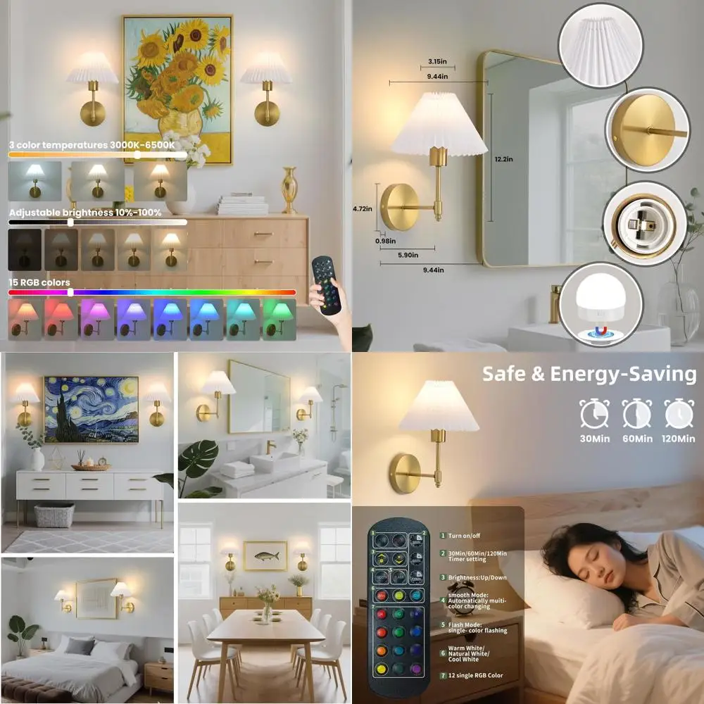 

Set of 2 Rechargeable Gold Wall Sconces with Remote, Dimmable Pleated Shade Lights, 15 Color Options for Bathroom, Bedroom, Livi