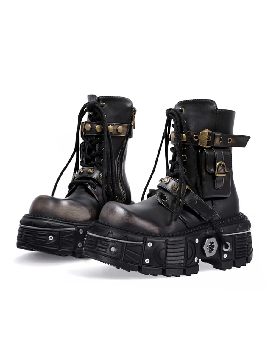 

Trendy Punk Style Women's Short Boots Thick Bottom Motorcycle Boots Retro Platform Boots Metal Cross Buckle Rivet Detail