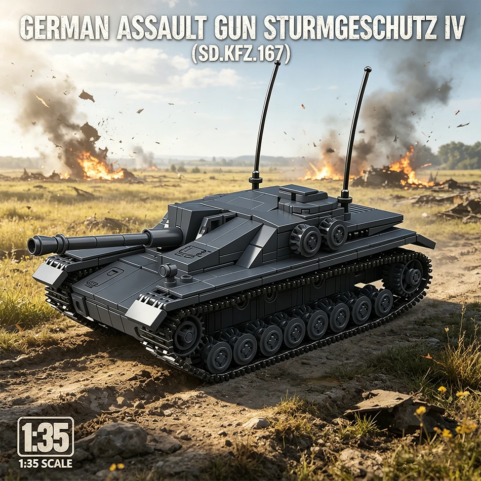 

WW2 Military Sturmgeschutz IV Sd.Kfz.167 Tank Destroyer Building Blocks World War 2 German Assault Gun Bricks Toys for Kids Gift