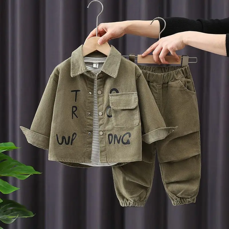Boys 3Pcs Corduroy Outfit Letter Print Lapel Button Jacket Striped Inner Tee Multi Pocket Elastic Cuff Cargo Jogger Pants Set