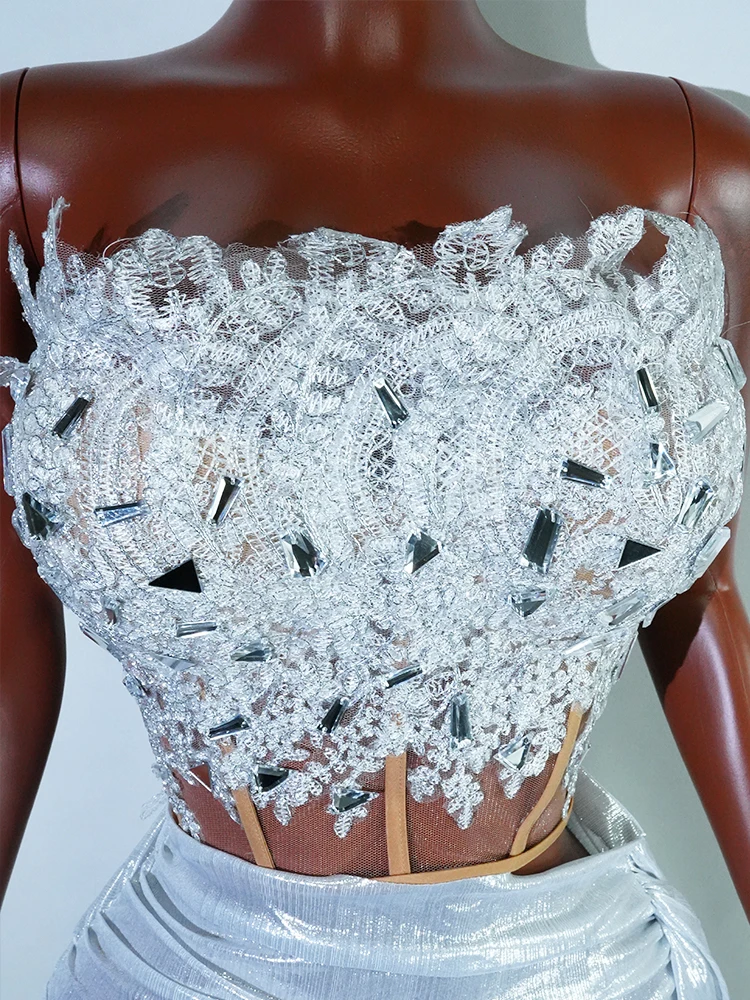 Sexy White Mirrors Top Skirts Set Dress Music Festival Party Birthday Nightclub Singer Dancer Stage Wear Drag Queen Prom Outfit