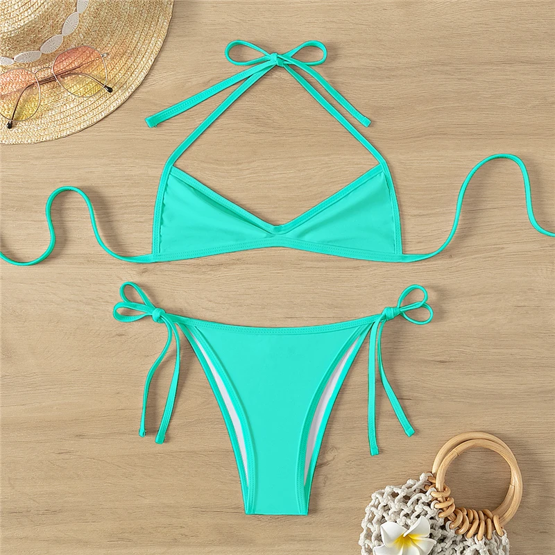 New Micro Bikini Solid Swimwear Mini Bikinis Set String Swimwear Summer Beachwear Women Bathing Suit Feminine Halter