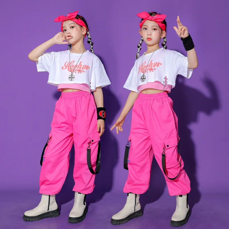 Hip Hop Girls Crop Top Pink Cargo Pant Kids Sweatshirt Street Dance Clothes Sets Child Jazz Sweet Outfit Teen Streetwear Costume