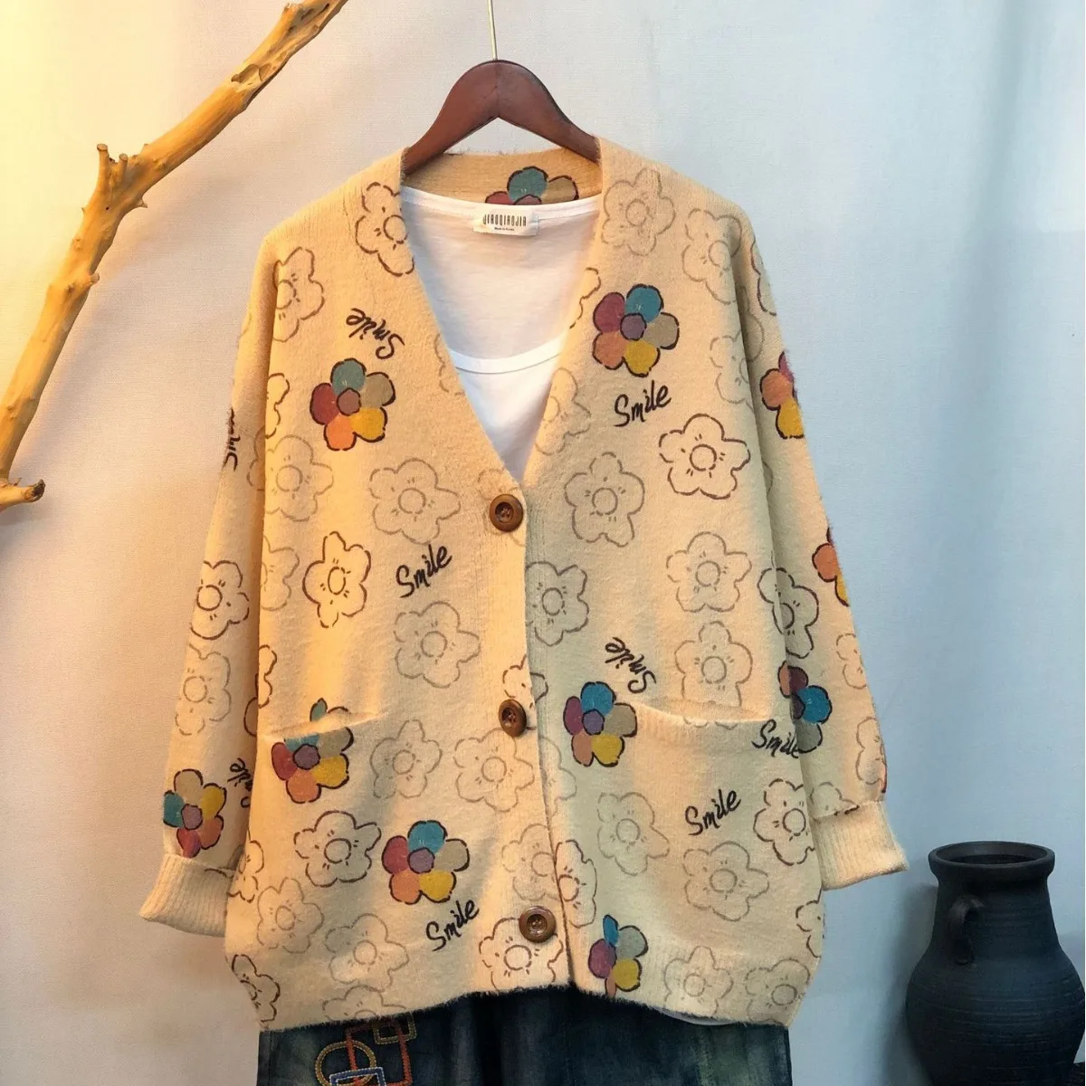 2025 New Autumn and Winter Cute Print Imitation Mink Fleece Jacket Women's Korean Version Loose Lazy Sweater