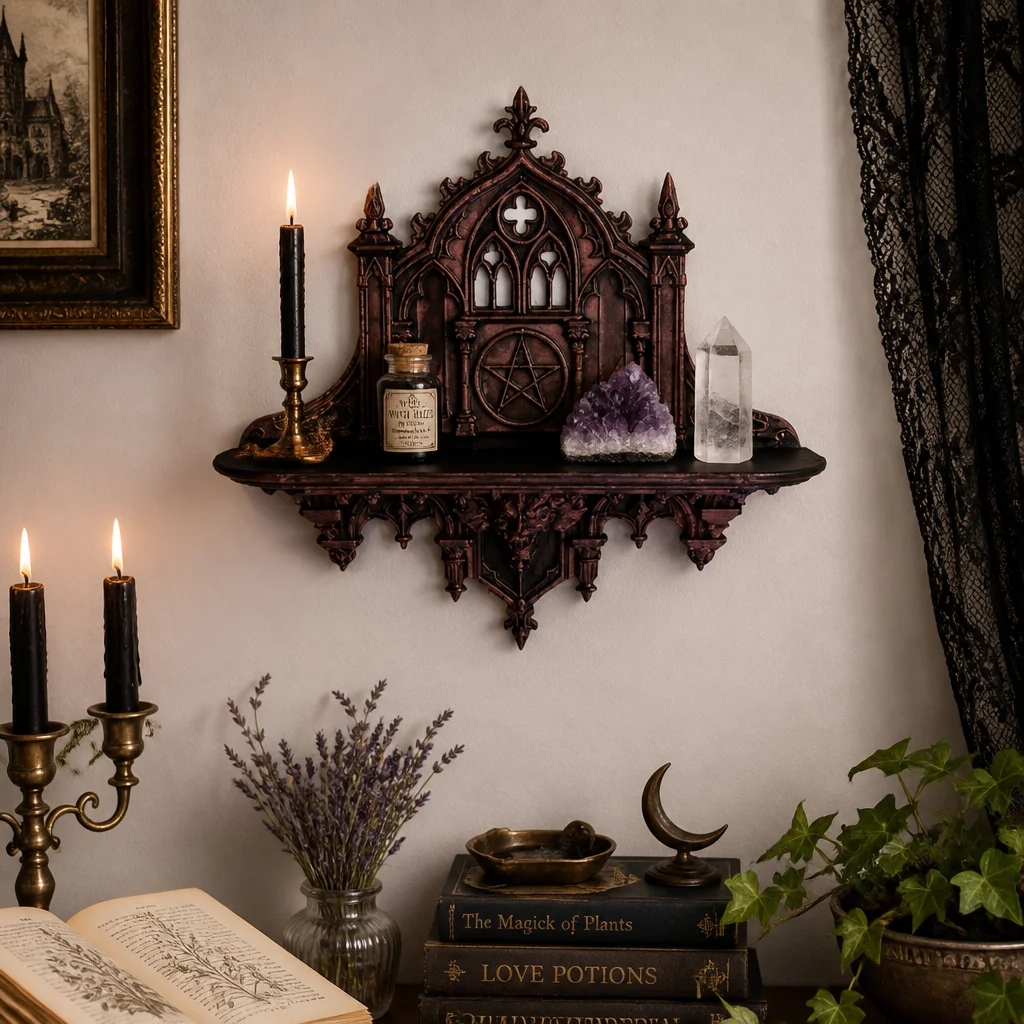 Gothic Cathedral Pentagram Wall Shelf, Vintage Bronze Plastic Floating Display Shelf for Witchy Dark Academia Halloween Home Dec