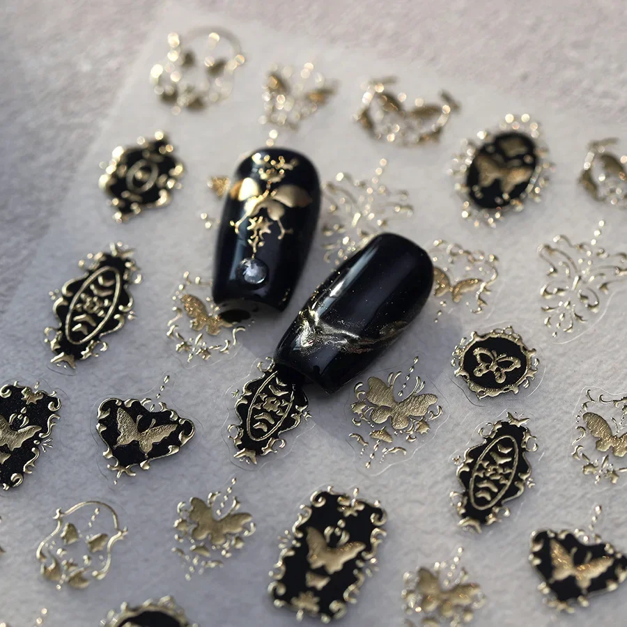 5D Relief Glossy Relfective Metallic Gold Butterfly Floral Stamp Black Back Adhesive Nail Art Stickers Decals Manicure Ornaments