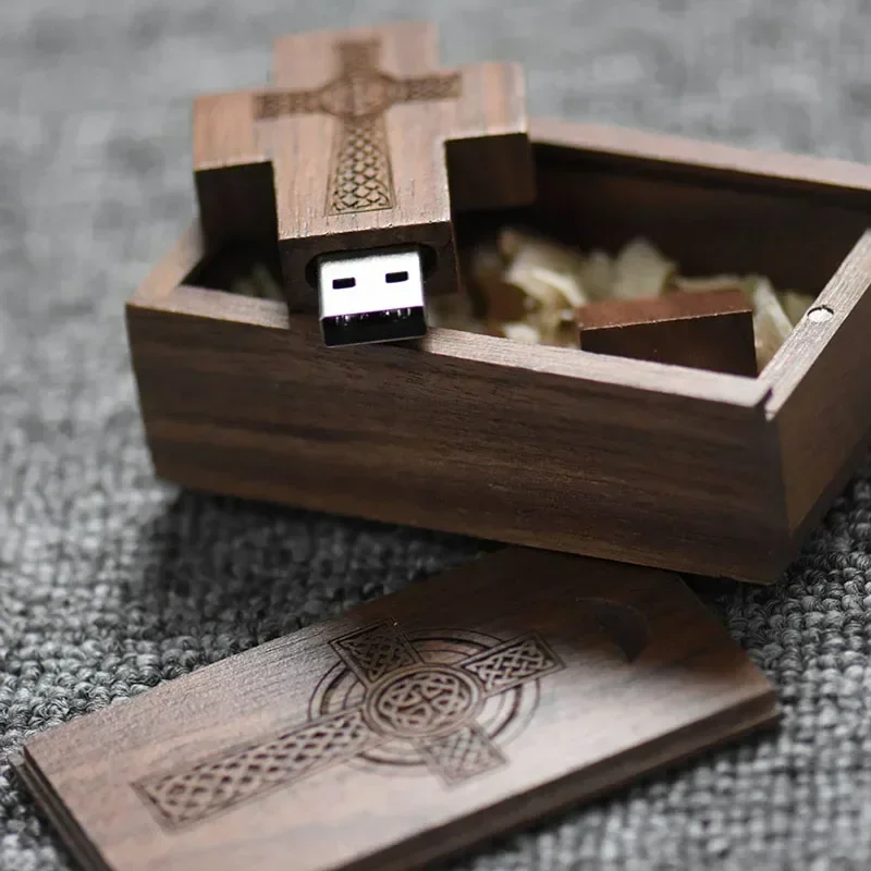 Wooden Cross Pen Drive Free Custom Logo Flash Drives Walnut Box Memory Stick Maple Real Capacity U Disk 128GB/64GB/32GB/16GB/8GB