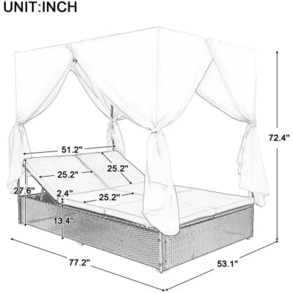 Outdoor Patio Chaise Lounge, Patio Sunbed Canopy Bed Daybed with Retractable Canopy, Rattan Sun Lounger Patio Loveseat Sofa Set