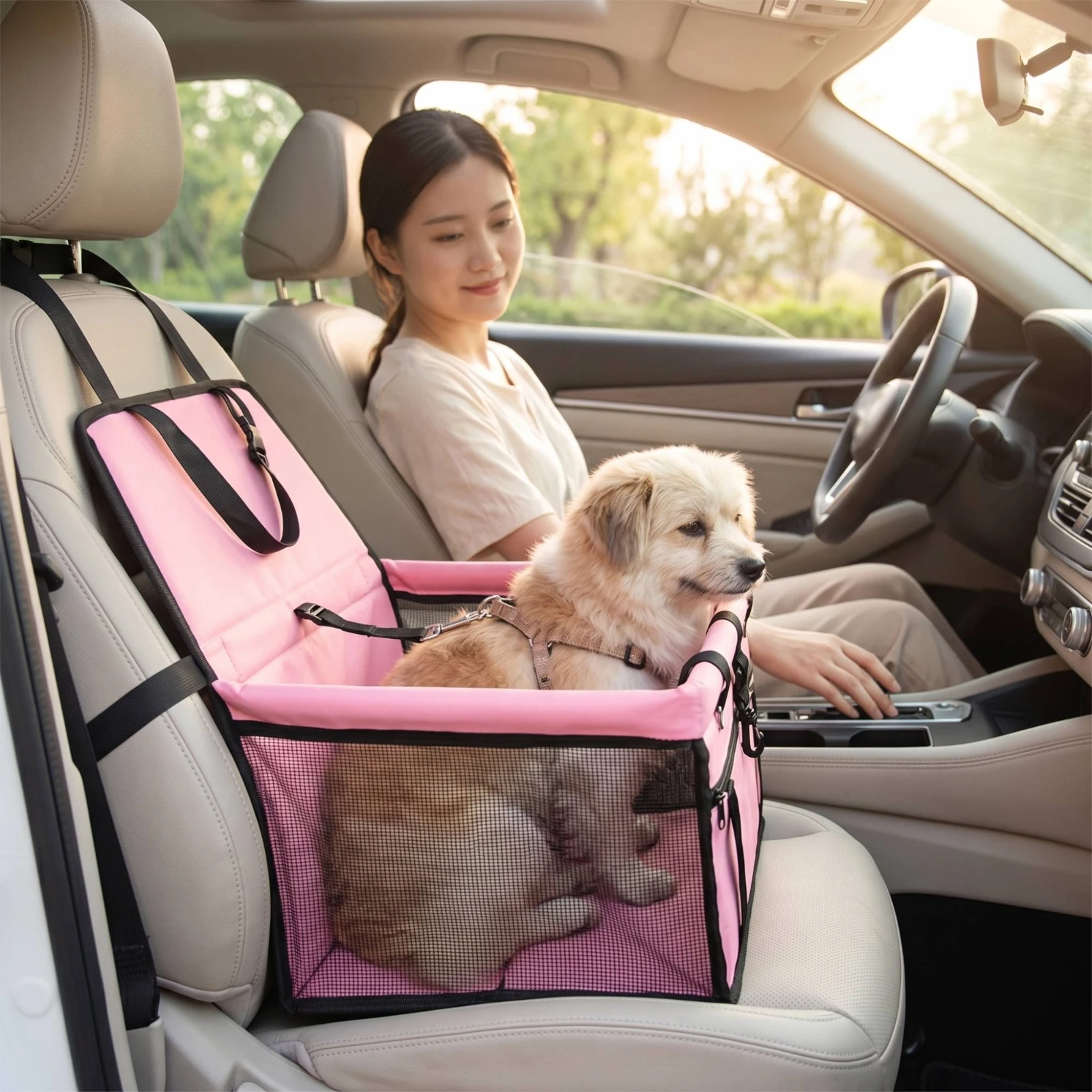 Dog Car Seat Foldable Booster Seat with Safety Strap Pet Travel Basket Collapsible Breathable for Dogs, Road Trips