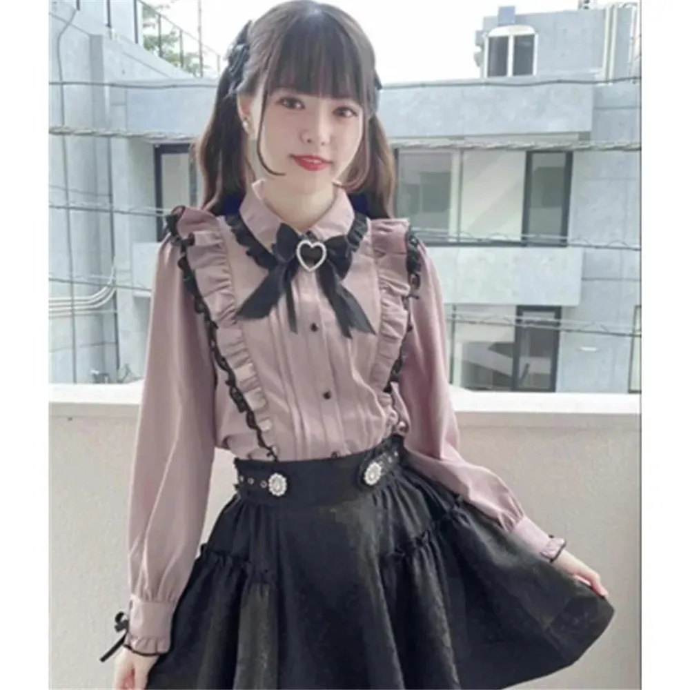 Cute Cartoon High Students Shirts Japanese Lace Ruffle Shirts Women Y2k Pink Bow Blouse Harajuku Cute Ladies Tops New Fashion