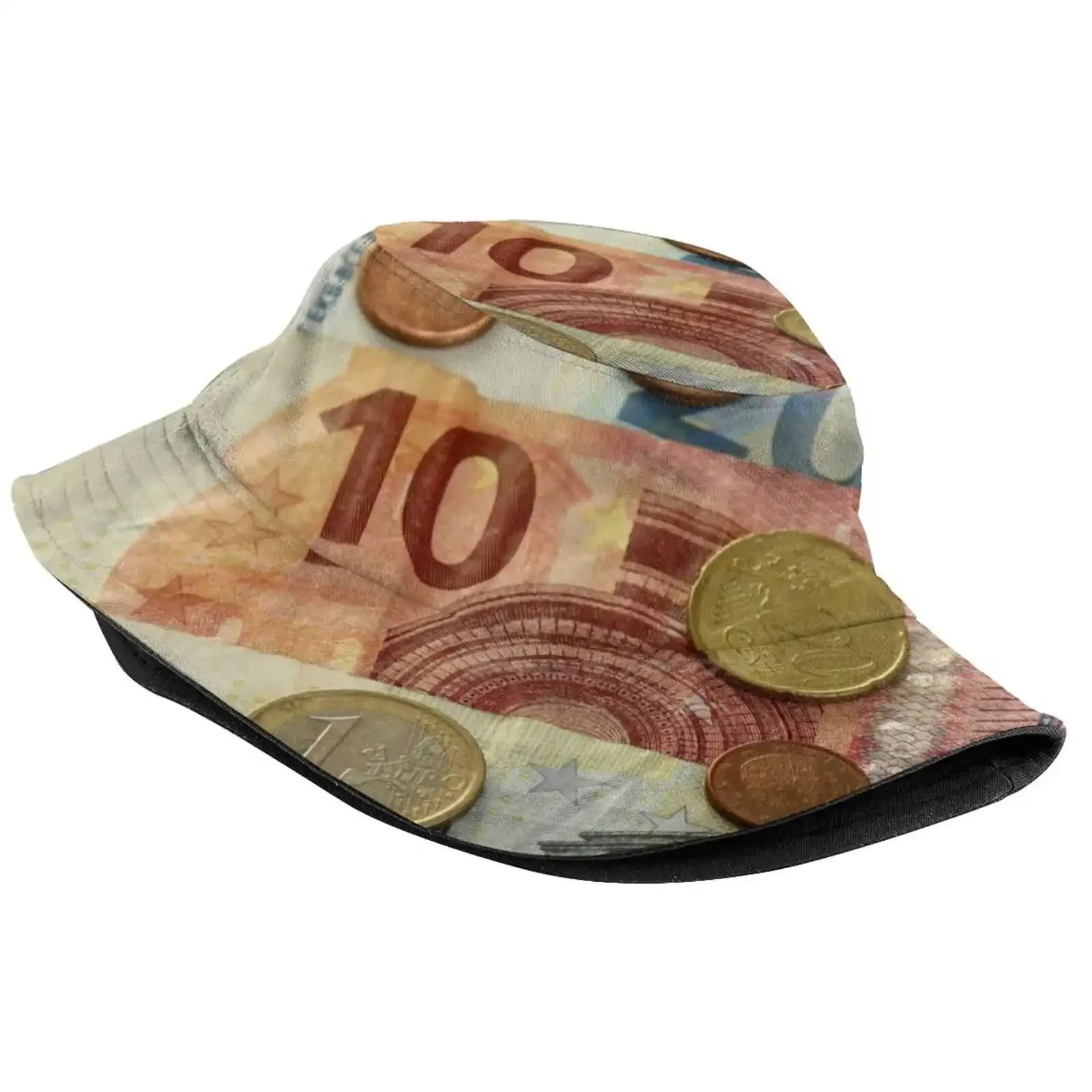 Euro Notes And Coins Sun Cap Fisherman Hat Bucket Hats Euro Notes Coins Euros Pile Background Banking Banknote Bill Business