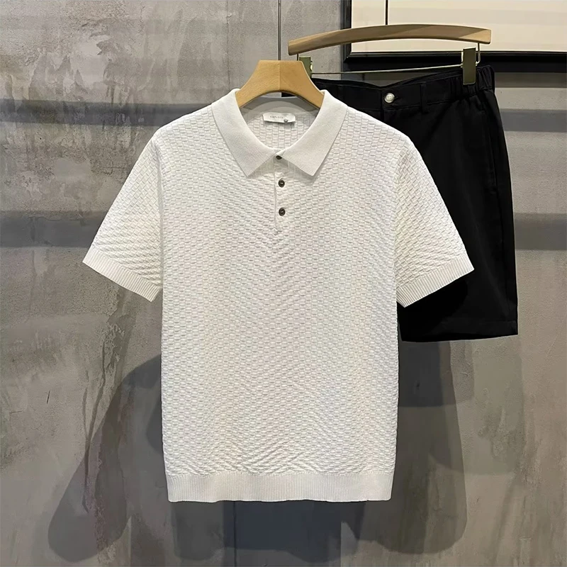 

Leisure Short Sleeve Pure Color Elastic Slim Knit Polo Shirts Mens Summer Casual Buttoned Lapel Tops Knitting Clothes Men Polos