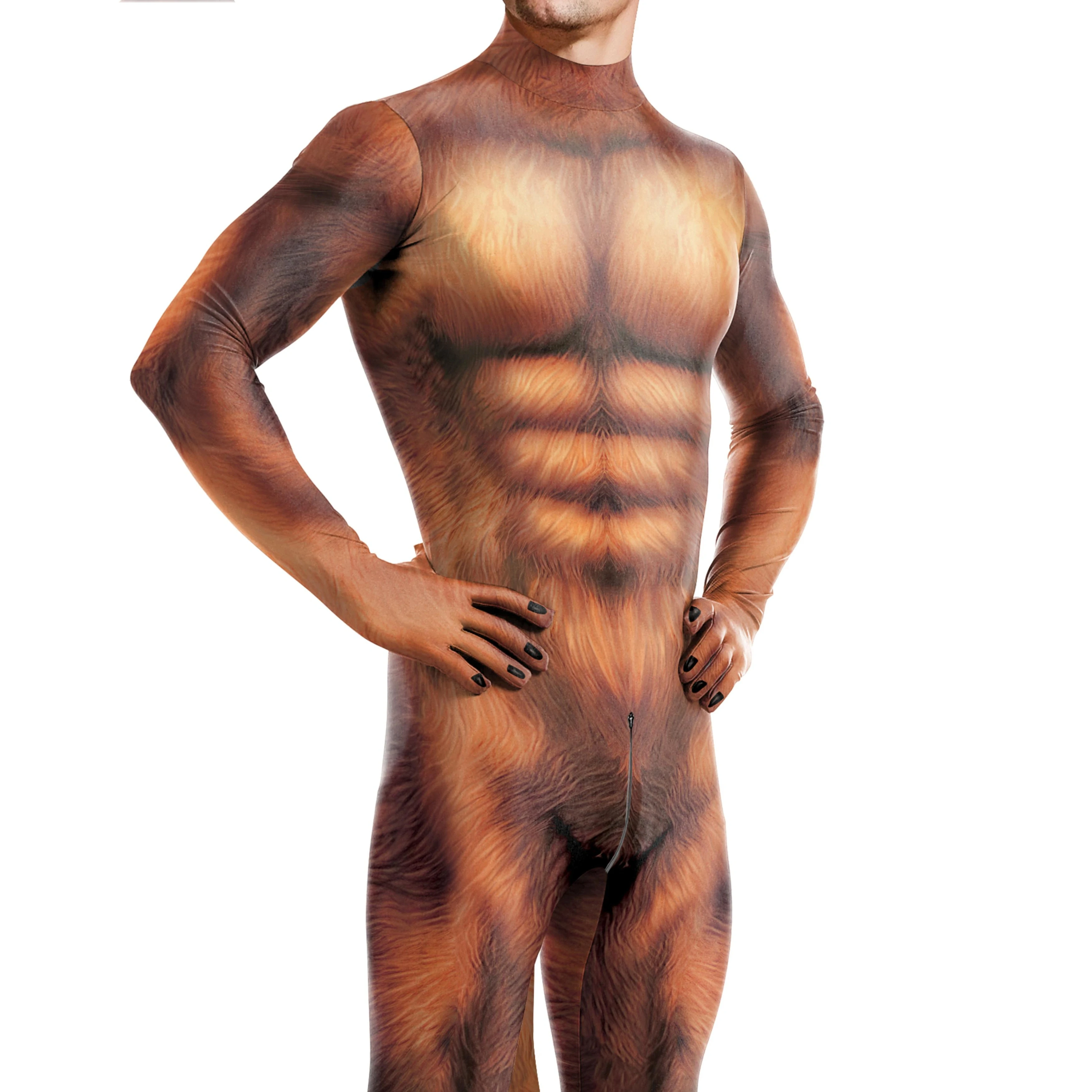 Fantasia Cosplay de Halloween para homens, bodysuits de carnaval, roupas masculinas Virilha Animal Macacões com zíper traseiro, padrão muscular texturizado, bodysuits sexy