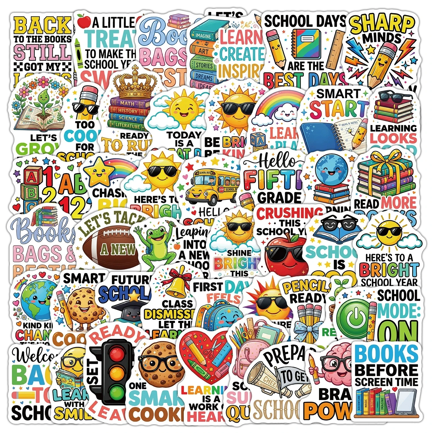 50Pcs Cute Colorful Back to School Doodle Waterproof Stickers for Water Bottle Skateboard Helmet DIY Creative Decor Decals