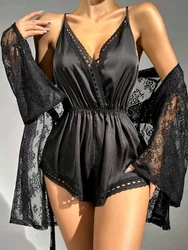 Sleepwear woman Crisscross Backless Sleep Onesie With Lace Robe