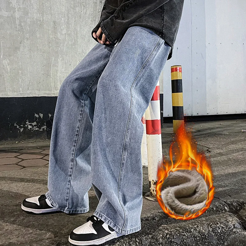Calça jeans solta de lã de inverno masculina veludo quente cintura elástica perna larga y2k calças jeans retas e confortáveis roupas masculinas de marca