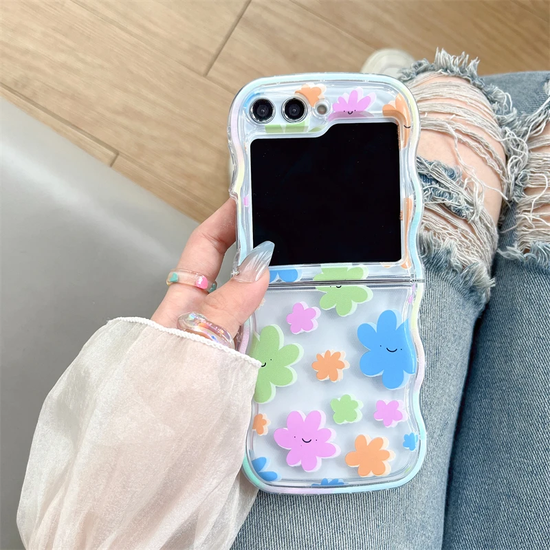 Cute Korean Flower Printed Wave Edge Soft Clear Silicone Phone Case For Samsung Galaxy Z Flip 5 Z Flip 4 ZFlip3 Shockproof Cover