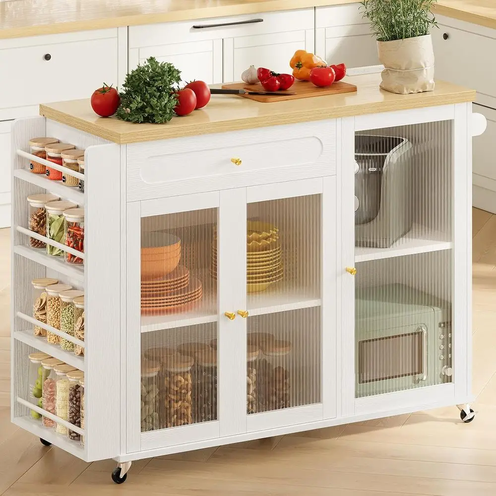 Mobile Kitchen Island with Storage, Power Outlet, Spice Rack & Towel Bar