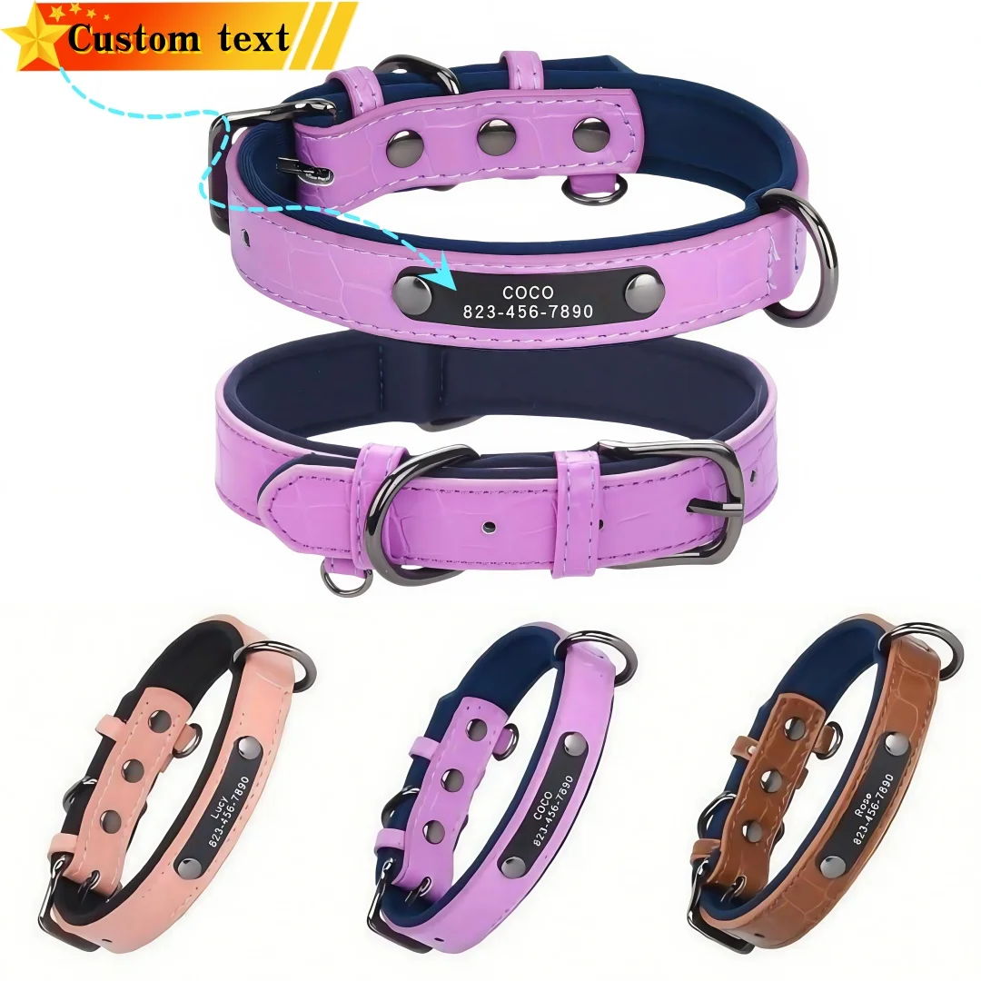 Personalisiertes ID-Tag-Hundehalsband mit Knochenmuster, weich gepolstert, personalisiertes Namensschild, ID-Hundehalsbänder aus Leder für kleine, mittelgroße und große Hunde