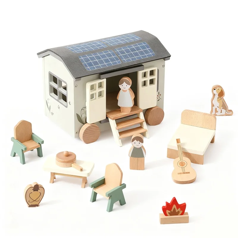 Zestaw zabawek edukacyjnych dla dzieci - kamper, drewniany domek do zabawy, stół i krzesła, ozdoba - zabawka kamper