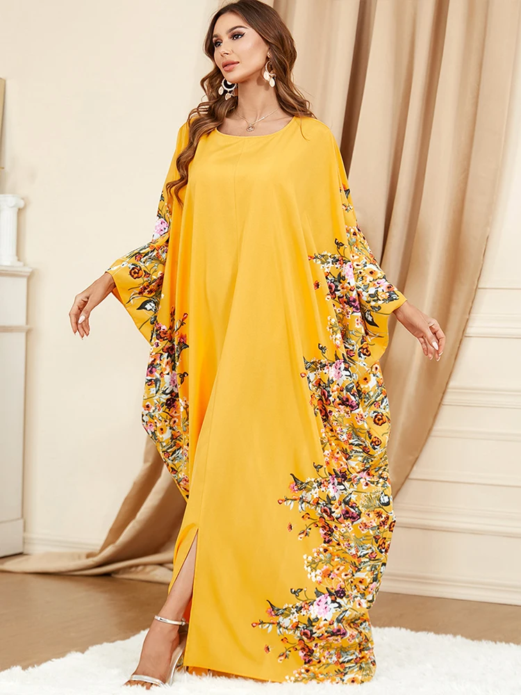 COLORFUL BLACK Middle Eastern Muslim Clothing Yellow Robe Bat Sleeves Loose Dress