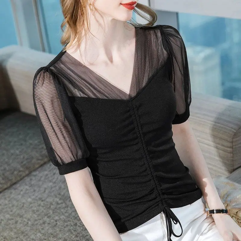 Women Sexy Sheer Mesh Ruched Lace Up Elegant Fairy Basic T Shirt Summer Korean Fashion Black Slim V Neck Short Sleeve Tops Ropa