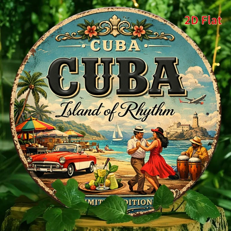 Letrero Decorativo Plano 2D, [2Dflat] 1 pieza 7.87x7.87 pulgadas - Letrero Metálico Vintage de la Isla del Ritmo de Cuba, Baile de Salsa Retro de La Habana
