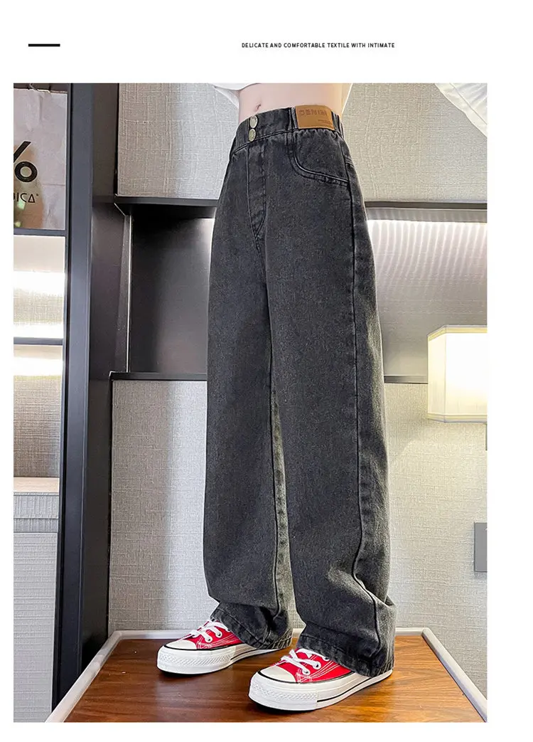 Retro-Isolierte Jeans für Teenager-Mädchen, Herbst-Winter, Lässige Mode, Kinder Weite Gerade Denim-Hosen, Warme Schulhosen für Kinder – Detail 10