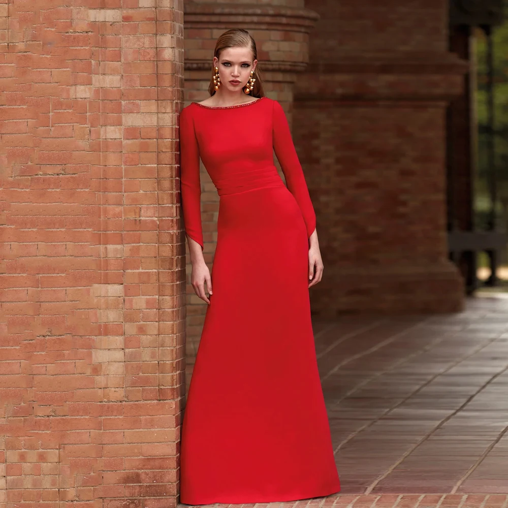 Elegant Red Mermaid Mother of the Bride Dresses Jewel Neck Long Sleeves Wedding Party Gowns Bead Floor-Length 2024 فساتين السهرة