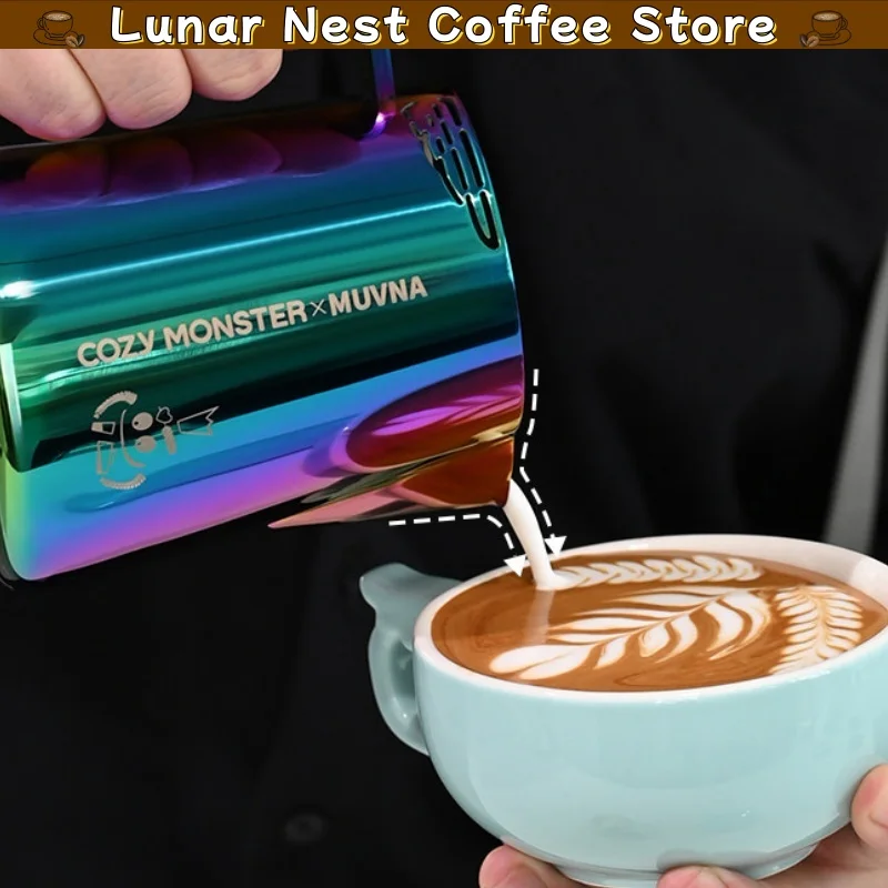 Muvna Cozy Monster Coffee Latte Art Pitcher Colorful Titanium Plated Stainless Steel Milk Frothing Cup For Home Bar Coffee Lover
