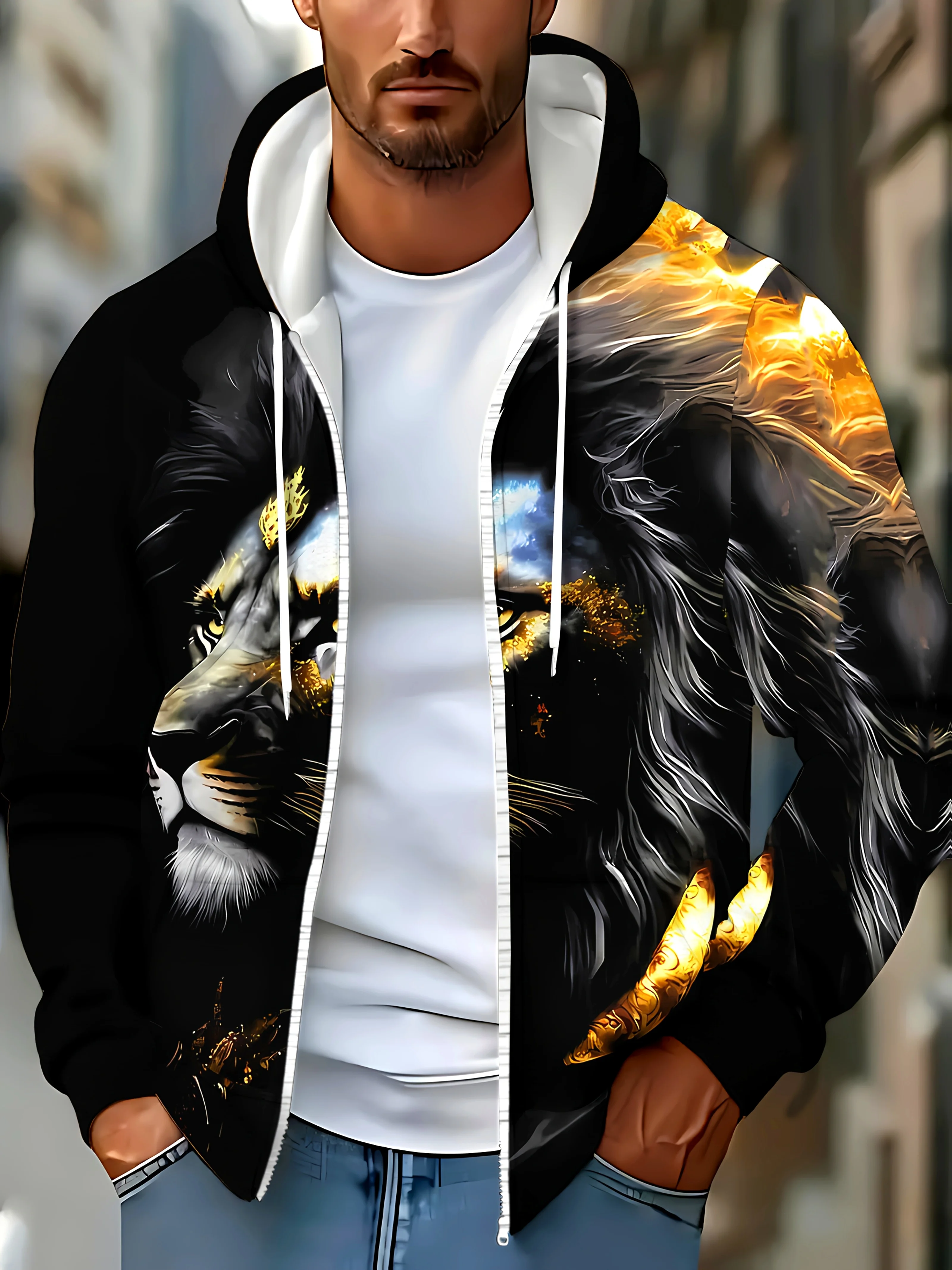 [Hoodie estiloso] Moletom com capuz com zíper e estampa de leão elegante |   Pulôver masculino de manga comprida com cordão, bolsos e tecido de poliéster quente