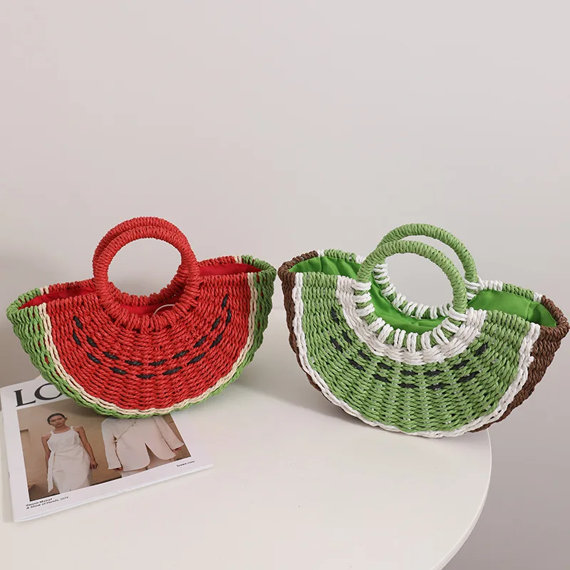 Small Fresh Candy Color Watermelon Portable Straw Braided Bag Cute Fruit Braided Bag Seaside Vacation Beach Bag Clothing Match