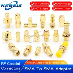 2 unids/lote SMA a SMA conector recto macho hembra 90 grados ángulo recto tipo T divisor de 3 vías RPSMA a RP-SMA adaptador macho RF