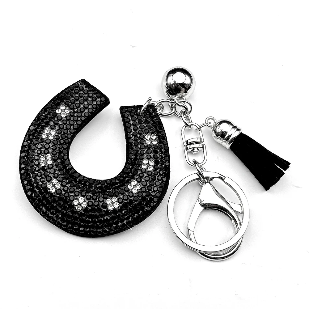 Hufeisen-Strass-Schlüsselanhänger für Damen und Herren, Glücksbringer im Western-Stil, Glitzernder Handtaschenanhänger mit schwarzer Quaste und Glocke, Taschenanhänger, Schmuckgeschenke – Detail 7